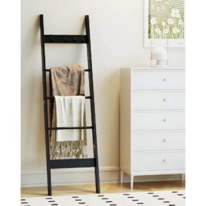 5-Tier Blanket Ladder Shelf For Living Room, Decorative Wood Quilt Rack With 4 Removable Hook