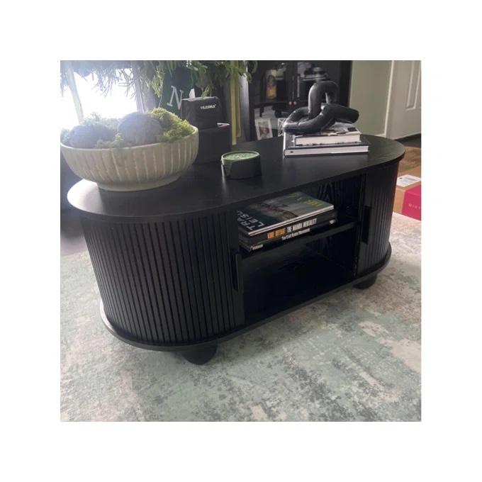 Black Oval Fluted Single Coffee Table with Storage