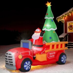 Christmas Fire Truck Inflatable With Santa & Tree - 7.5Ft Outdoor Blow-Up Yard Display With LED Lighting