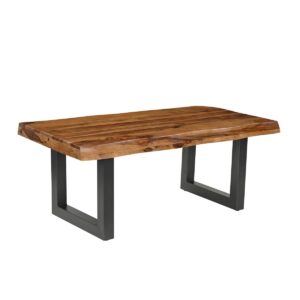 Solid Wood Top Metal Base Live Edge Coffee Table, Industrial Style